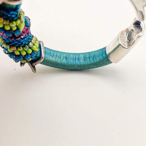 Leather Bracelet Partially Wrapped in Beads Nautical Theme Magnetic Closure - Picture 5 of 7